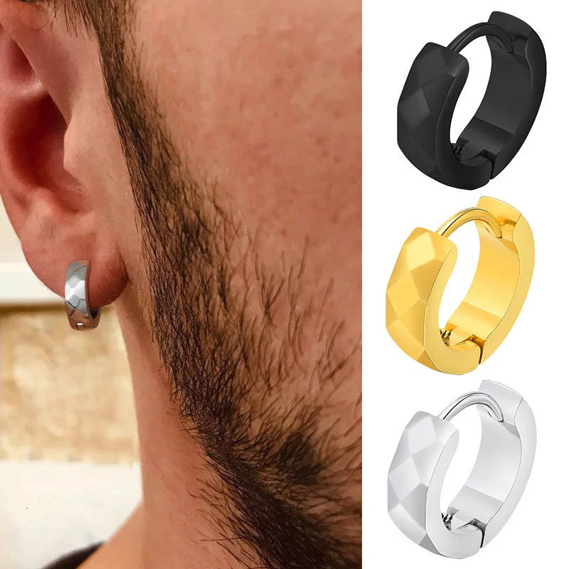 Geometric Huggie Hoop Earrings for men Stainless Steel Circular Round Trendy Hip Hop Rock Rap Cool Jewelry Accessories for Boys