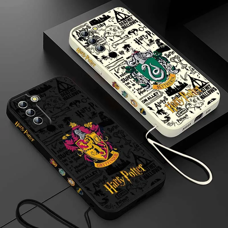 Capa de Celular Líquida com Cordão Esquerdo e Logo Anime H-Harry P-Potter para Samsung Galaxy S26 S25 S24 S23 S22 S21 S20 Ultra FE Plus