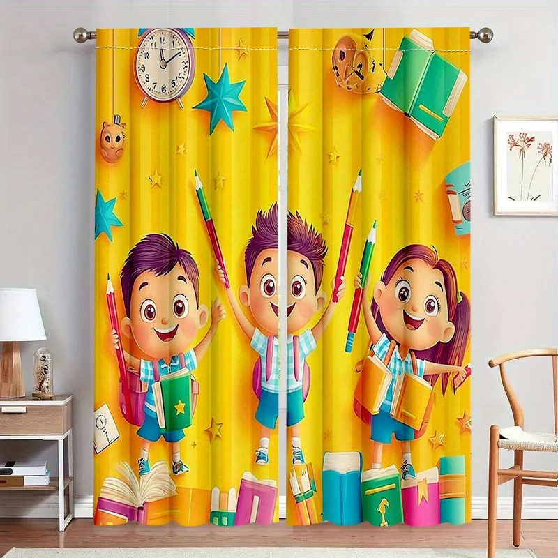 Cartoon Kids Curtain, Colorful School Student Print Drape, Education Theme Window Treatment for Living Room Bedroom Home Decor