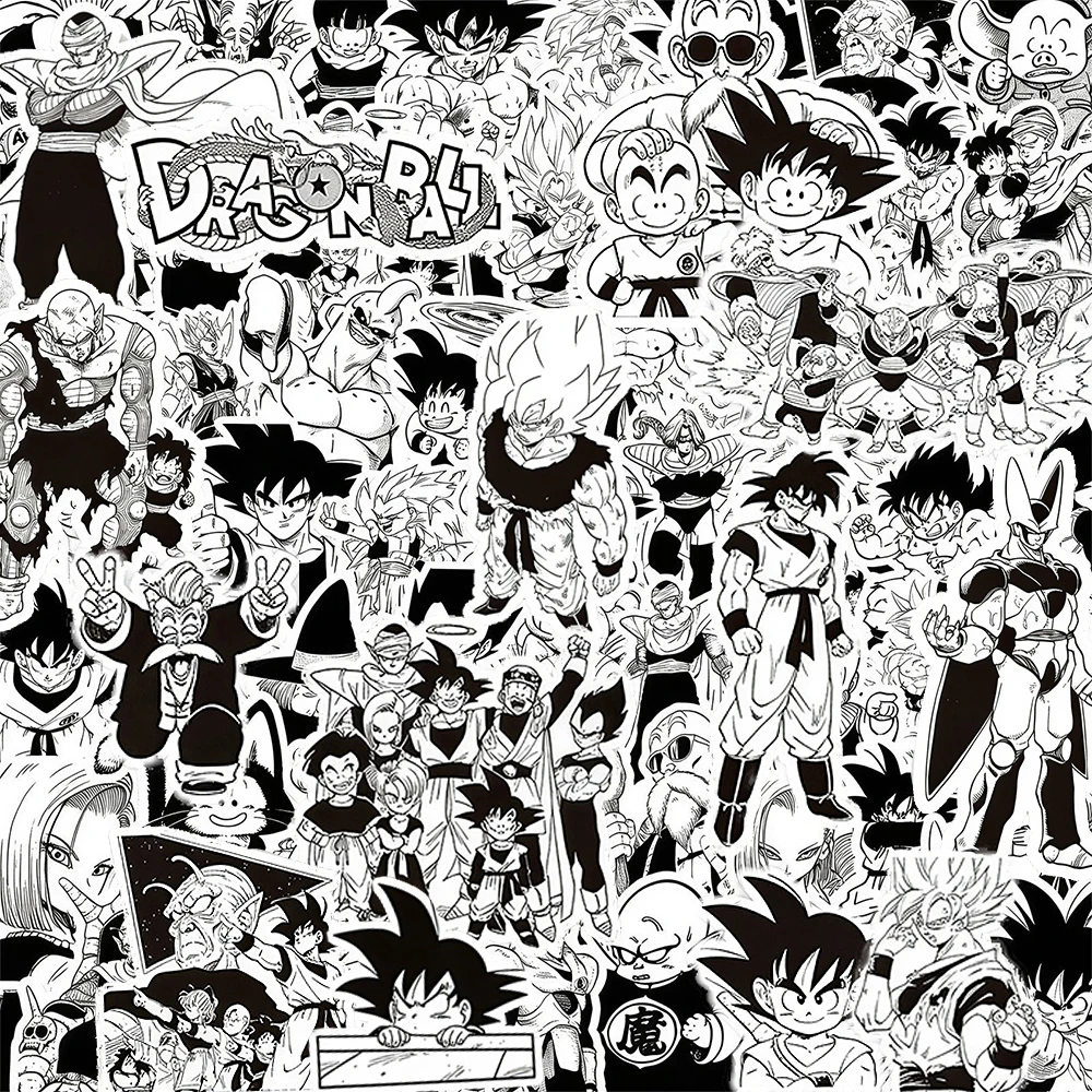 10/50/100 Stück Son Goku Anime Dragon Ball Aufkleber Schwarz Weiß Manga-Sticker für Gepäck Laptop Handy Coole Cartoon Super Saiyan Aufkleber