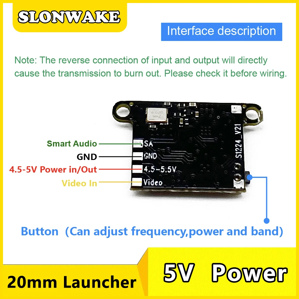 

SLONWAKE FPV VTX transmitter module 5.8G 200mW adjustable power 48CH 5V/1A holeposition 20mm suitable for RC UAV fixed wing.