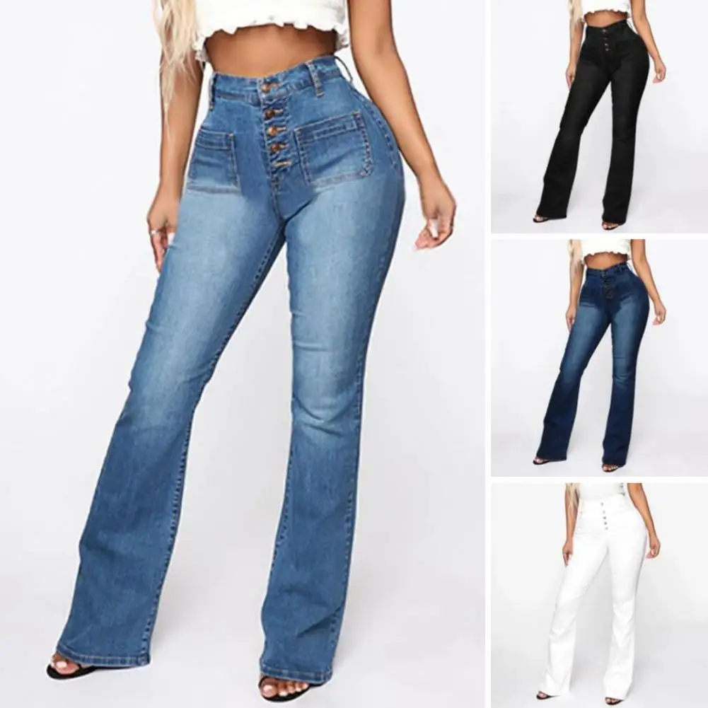 

Button Closure Jeans Flattering High Waist Flared Hem Jeans Stylish Solid Color Denim Pants with Multi Pockets for Women Slim