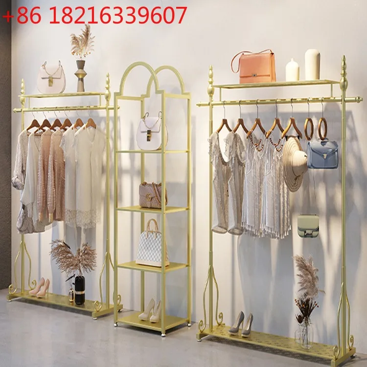 

Light luxury wrought iron women's clothing store floor shelf gold clothing store display rack