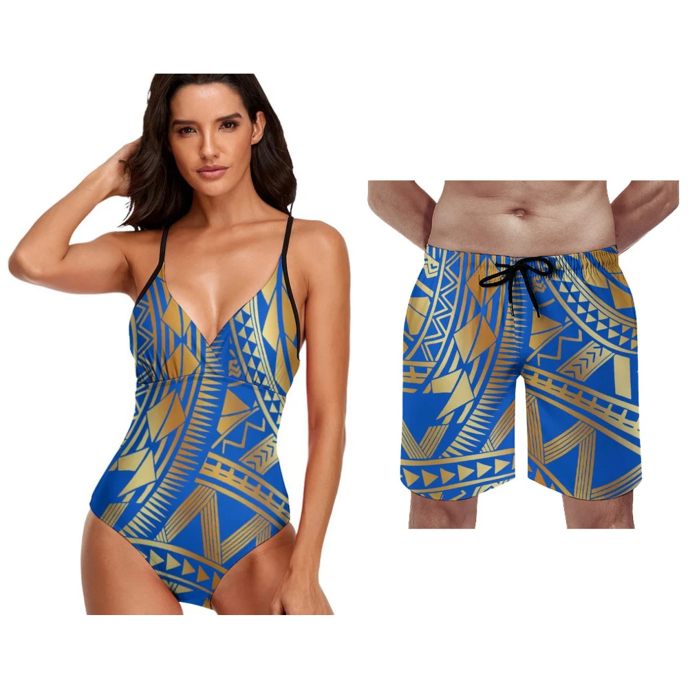 

Customizable Polynesian Couple Swimwear Women Bikini Men Tropical Print Trunks Beach Resort YearRound Ready