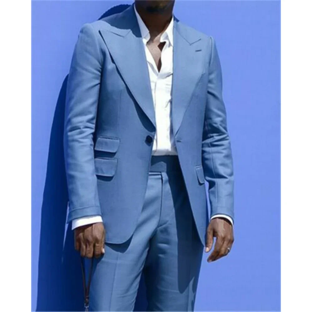 2024 Fashion Casual Blue Men Suit High Street Slim Fit Jacket Vest Pants For Men High Quality Custom 3 Piece Set Costume Homme
