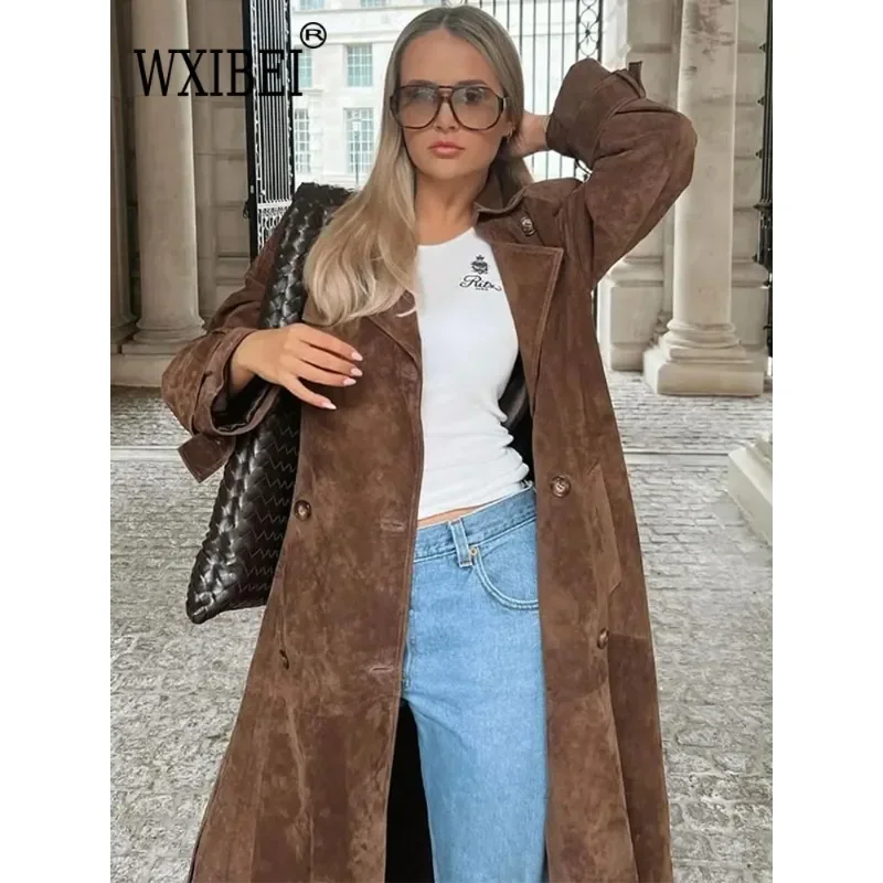 

Elegant Casual Belt Long Windbreaker Coat Fashion Double Button Lapel Oversize Jacket 2024 Autumn High Quality Streetwear