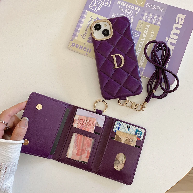 Personalized Phone Case CardHolder Name Letter Crossbody Lanyard iPhone16 15 14 13 12 11Pro Max 15 16Plus Protective Cover