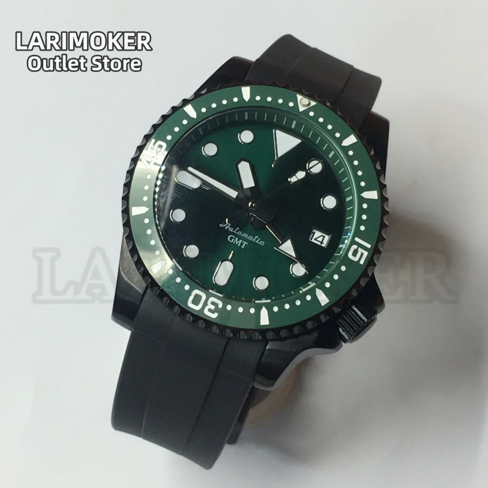 

LARIMOKER 40.5MM Black Men's GMT NH34 Automatic Mechanical Watch Green Dial Date Green Luminous Dome Sapphire Glass Diving Watch