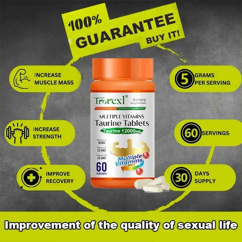 Organic Taurine Pills - 60 Tablets 100% Pure Non-GMo Supports Reproductive Health Natural Energizer