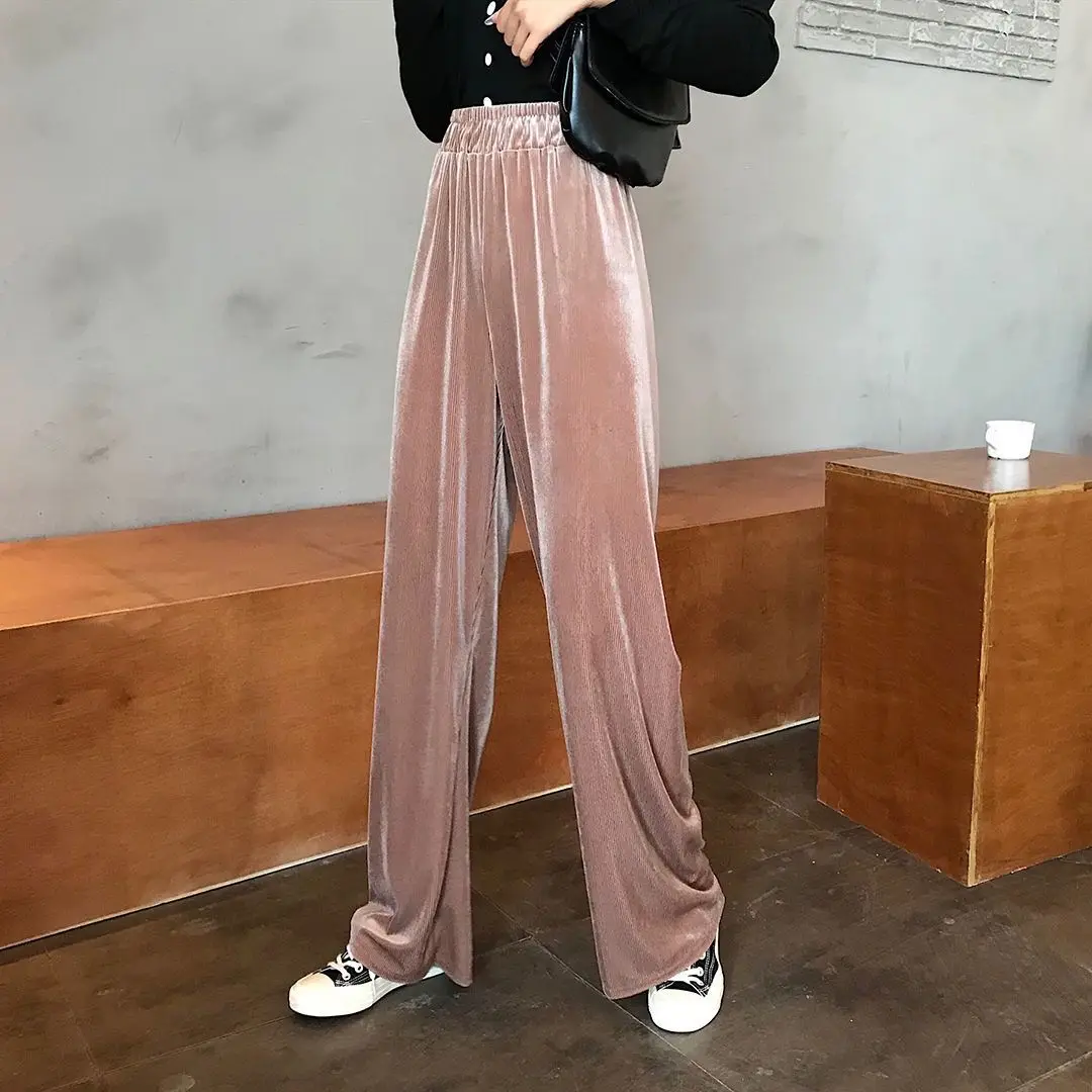 

2024 Women Autumn Winter New Full Length Casual Pants Female Velvet Solid Colors Pants Ladies High Waist Wide Leg Trousers T652