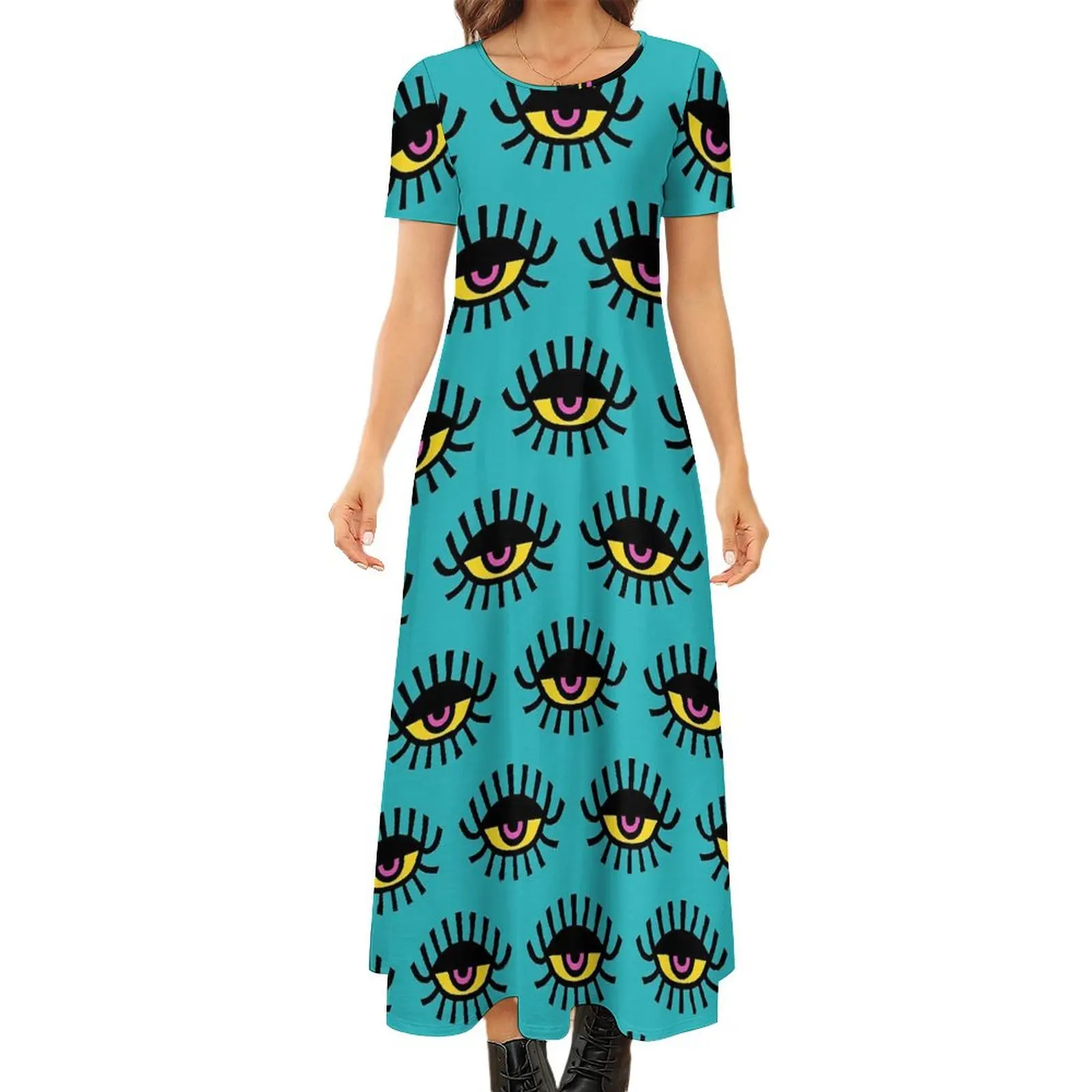 

Eyelashs Print Dress Pop Art Eyes Kawaii Maxi Dress Short Sleeve Fashion Bohemia Long Dresses Woman Print Oversized Clothes