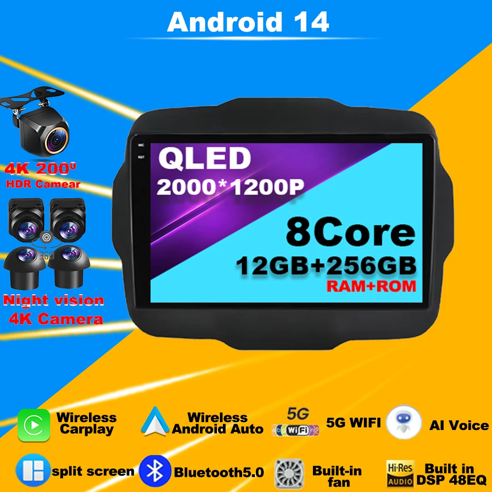 

Android 14 Carplay Car Radio Multimedia Player For Jeep Renegade 2014 - 2018 Autoradio Navigation GPS Stereo Head Unit WIFI