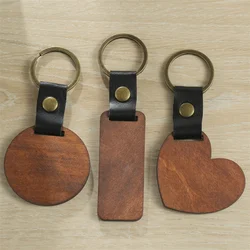 Wood PU Leather Keychain For Men Women Heart Round Shape Pendant Keychain For Keys Jewelry Accessories