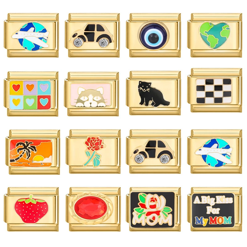 Nuovo colore oro diavolo occhi farfalla stella fiocco gatto ciliegia ciondoli italiani collegamenti in acciaio inossidabile misura bracciale da 9 mm creazione di gioielli fai da te