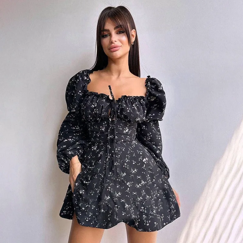 Fashion Sexy Camis Short Black Dress Women's Floral Long Puffy Sleeve Silm Mini Dresses Casual Backless Puffy Shirt Y2k Clothes