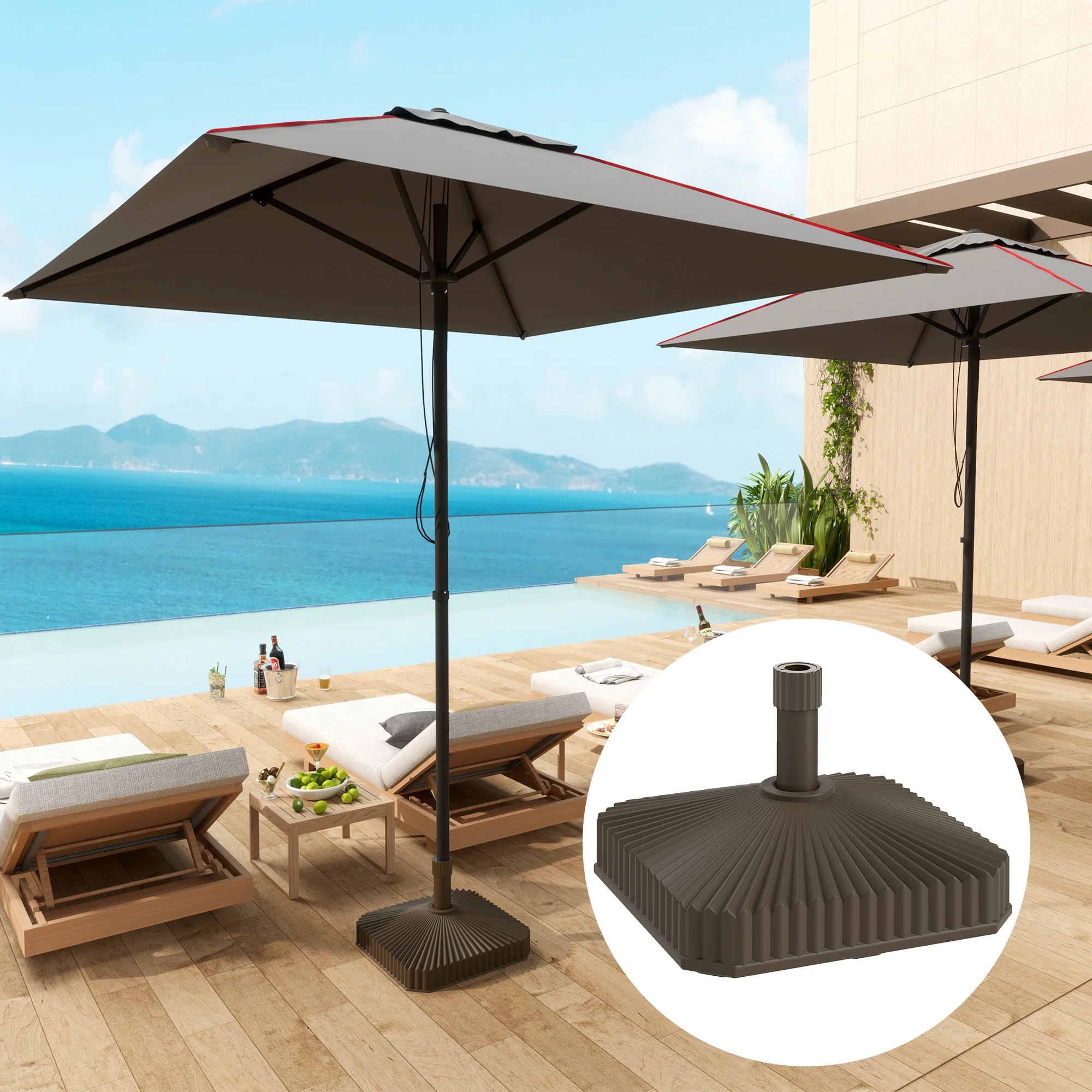 Heavy Duty Patio Umbrella Base, Square Fillable Stand with Sand (42 lbs) or Water (33 lbs), Outdoor for Yard Pool, Brown
