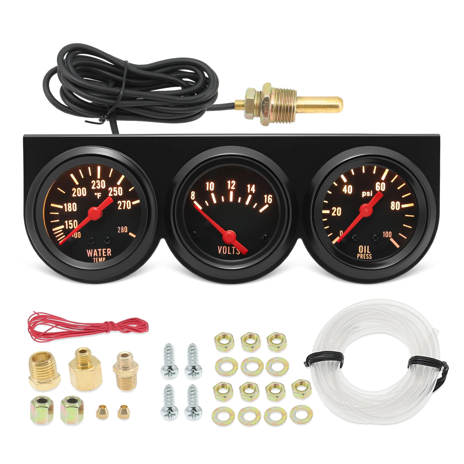 3 in 1 Car Meter Kit 52mm Voltmeter Water Temp Oil Press Black Chrome Bezel Triple Gauge Set Instrument For Car Marine Trucks