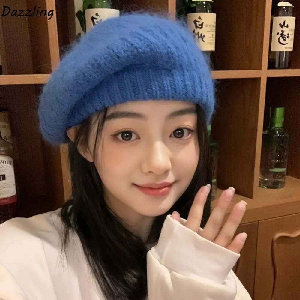 

Casual Wool Mohair Beret Warm Solid Color Knitted Beanie Cap Y2k Versatile Painter Hat Streetwear