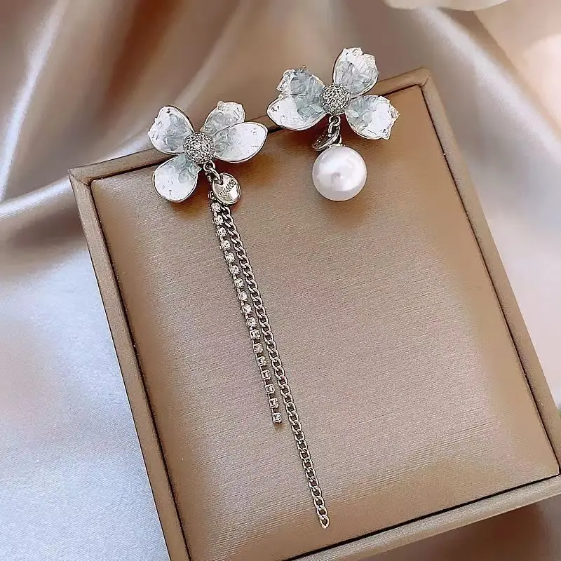 

New Fashion Color Crystal Flower Tassel Earrings for Women Exquisite Elegant Dangle Earring Wedding Party Luxury Jewelry Gift