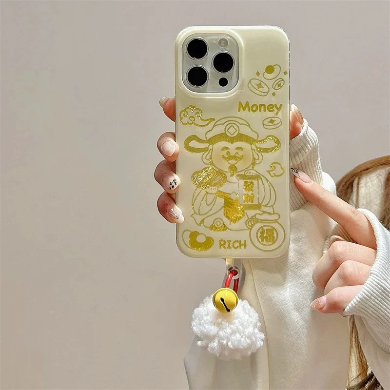 Vortex patterned golden God of Wealth phone case with white fluffy ball pendant For iPhone 11 12 13 14 15 16 pro max