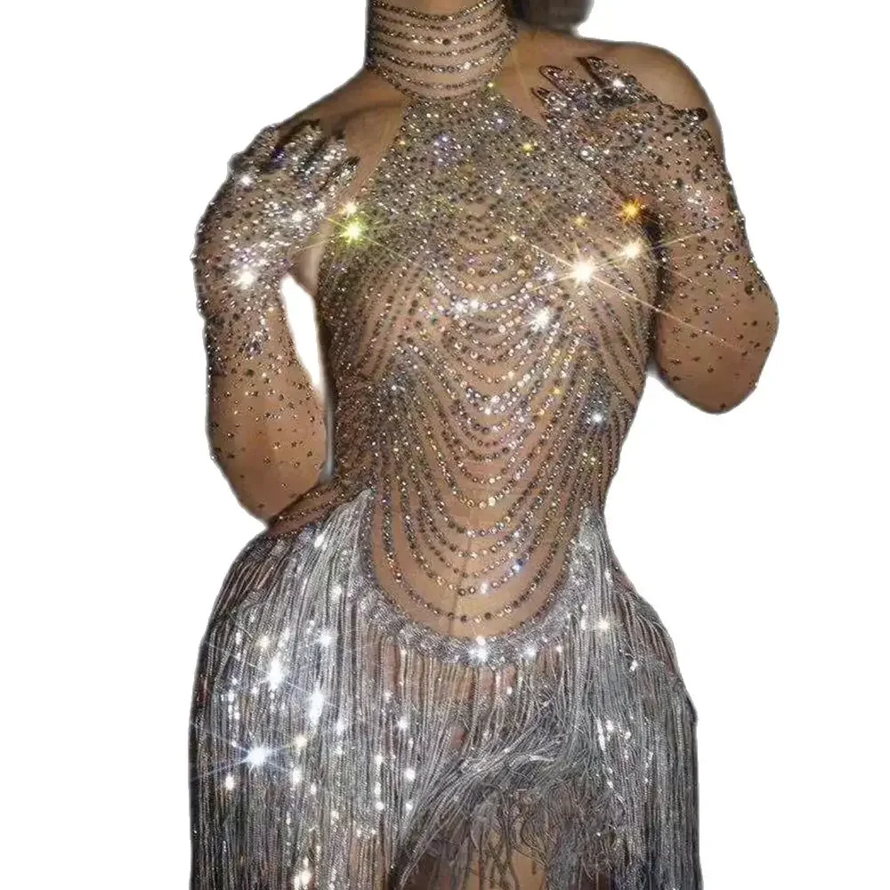 Vrouwen Zilver Glanzende Steentjes Kwastje Sexy Halter Mouwloze Jurk Nachtclub DJ Wear Podium Zanger Drag Queen Kostuums