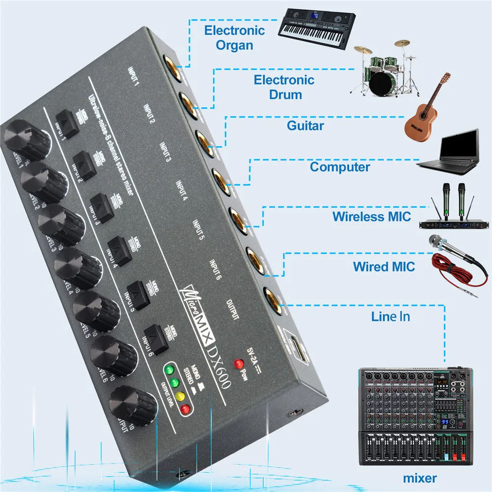 DX600 Audio Interface 6 Channel Stereo Headphone Amplifier Ultra Low-Noise Sound Mixer Recording Studio Monitor for Guitar