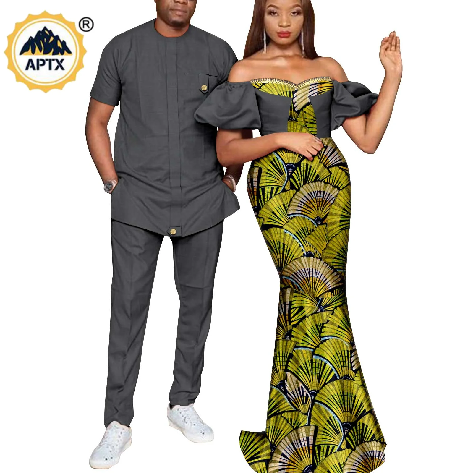 

African Print Dresses for Women Matching Men Outfits Top and Pants Sets Bazin Riche Couples Clothes Wedding Party Wear Y22C073