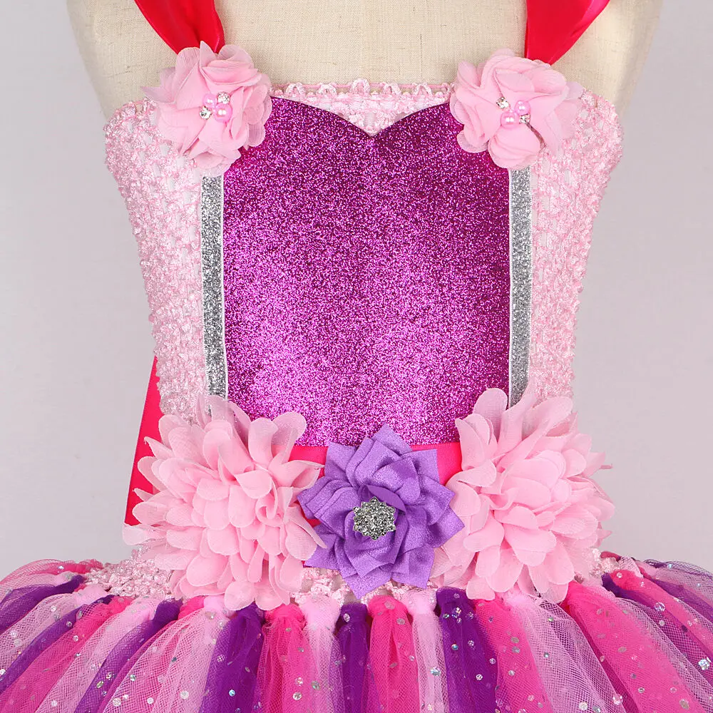 Sparkly Purple Pink Fairy Costume for Girls Flower Fairy Princess Dresses Kids Halloween Outfit Christmas Tutus with Wings Stick