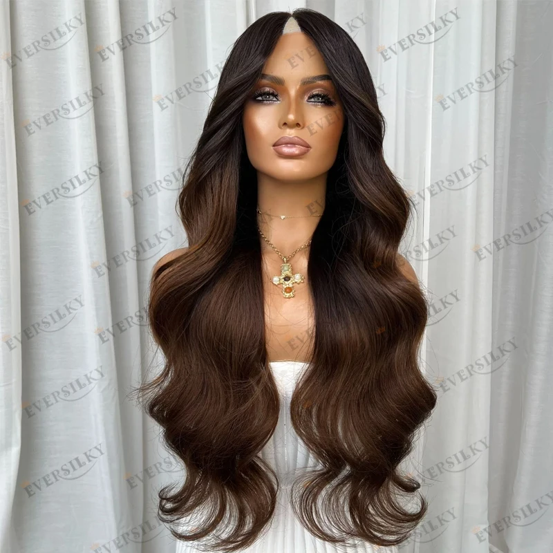 

Супер длинные, легко носить, бесклеевые, 100% человеческие волосы, омбре, объемная волна, каштаново-коричневый, полностью машинное производство, парики для чернокожих женщин, натуральные парики