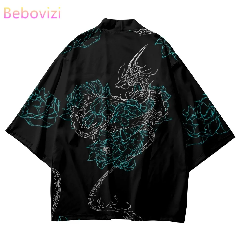 

Fashion Dragon Print Black Kimono Japanese Streetwear Men Women Cardigan Cosplay Shirts Harajuku Traditional Samurai Haori