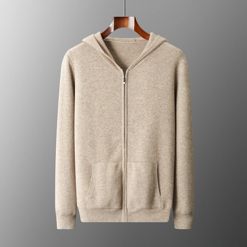 Autumn Winter New 100% Merino Wool Men\'s Zipper Hooded Coat Thick Sweater Warm Long Sleeved Knitted Cardigan men\'s coat