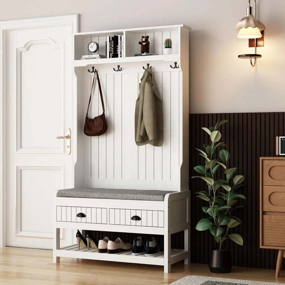 

Entryway Hall Tree with Bench, Mudroom Coat Rack and Shoe Storage, Hanging Hooks, Mudroom Storage Organizer