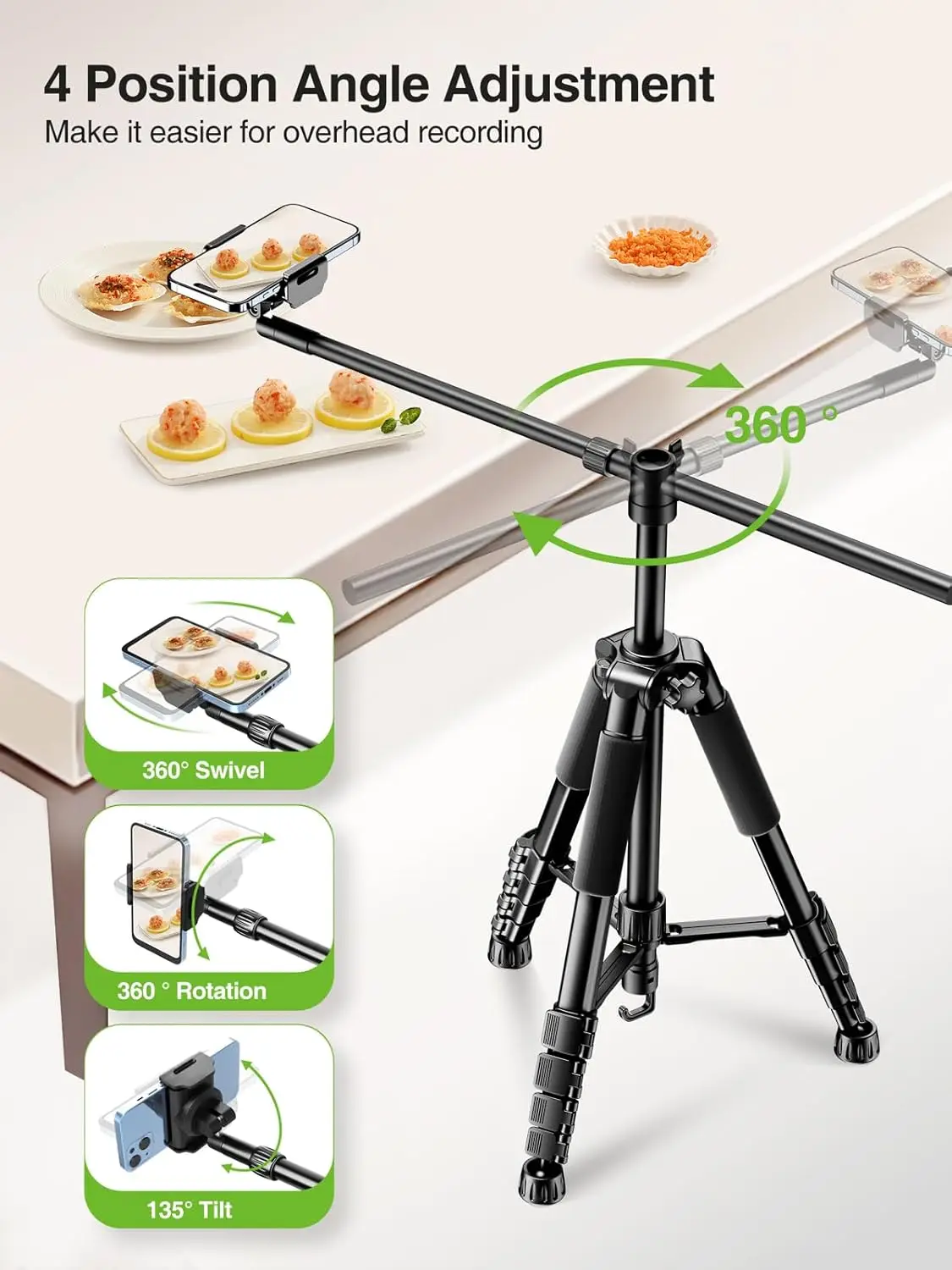 Adjustable Phone Tripod for Overhead Video Recording, 59-inch Horizontal Stand with Extendable Arm and 360° Rotation