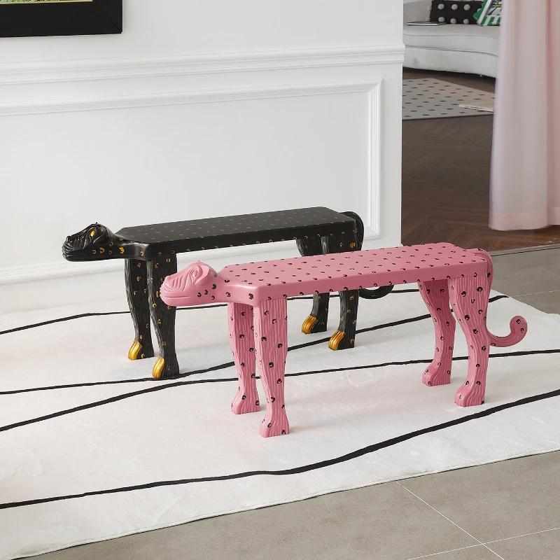 مقعد تغيير الأحذية على شكل النمر الوردي من الدوبامين، مقعد منزلي إبداعي من الخشب الصلب لتزيين مقعد بجانب السرير #1