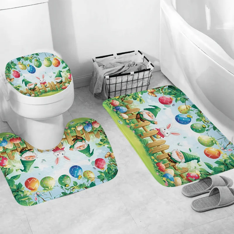 1pc/4pcs Happy Easter Bunny Butterfly Shower Curtain, Non-slip Floor , Toilet Seat Cover, U-shaped Mat Set, 12 Hooks Free, Wa