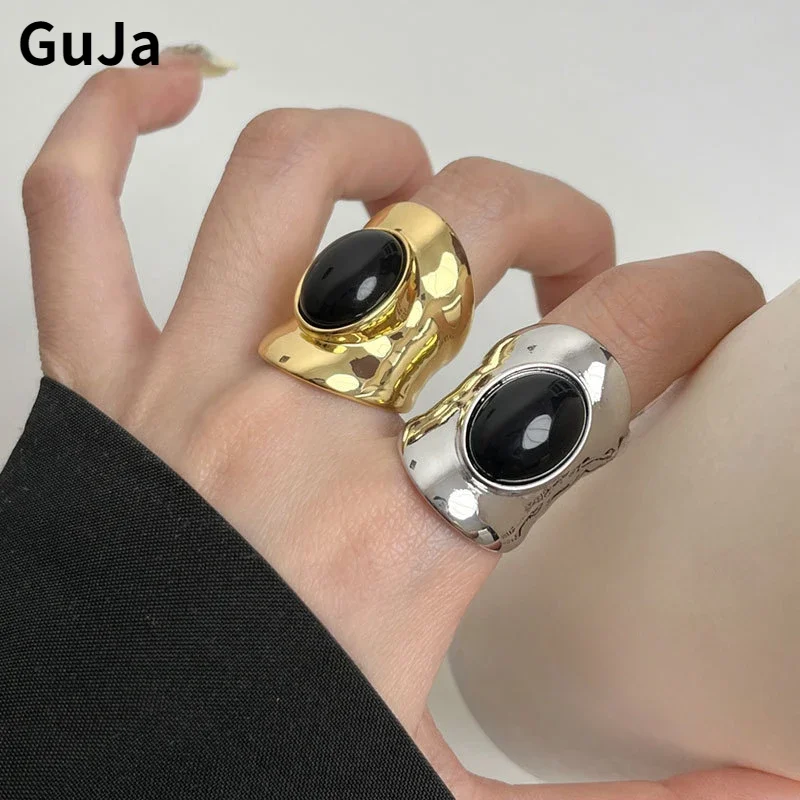 

Modern Jewelry Elegant Temperament Black Oval Metallic Rings For Women Party Gifts Exaggerative Accessories 2024 Trend New