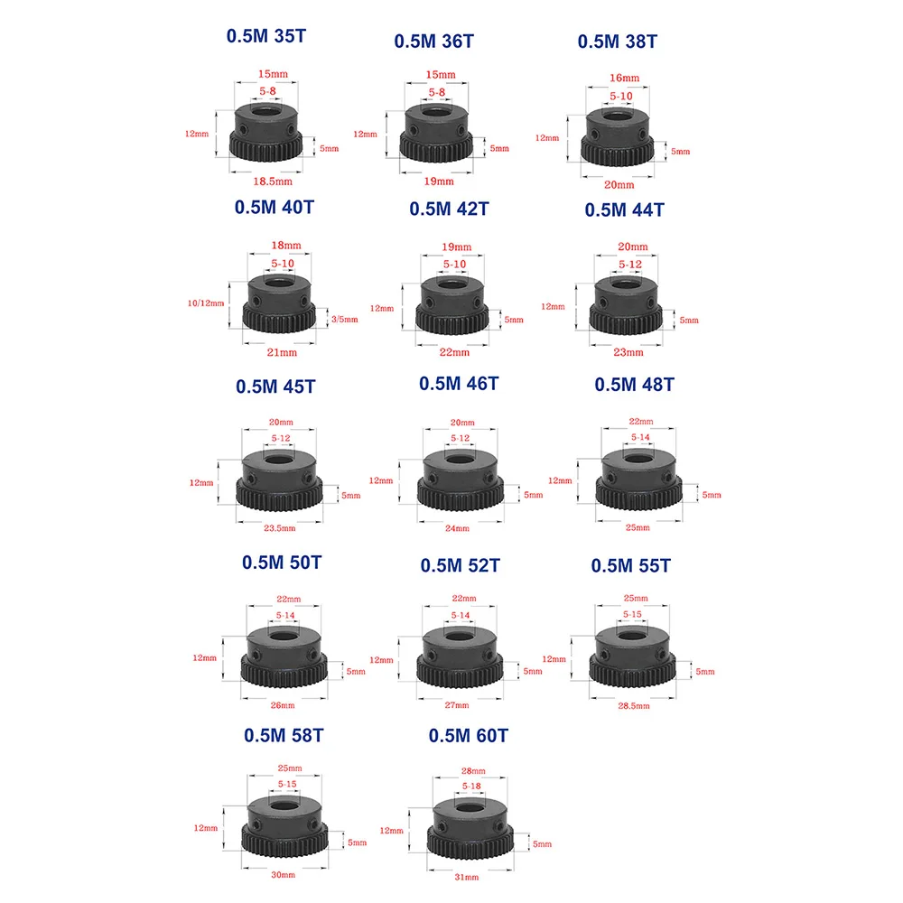 

Metal Transmission Gear 35T-60T 45# Steel 0.5 Spur Gear 0.5M Modulus Pinion Surface Blackening Gears Bore 5 6 6.35 8 10 12mm