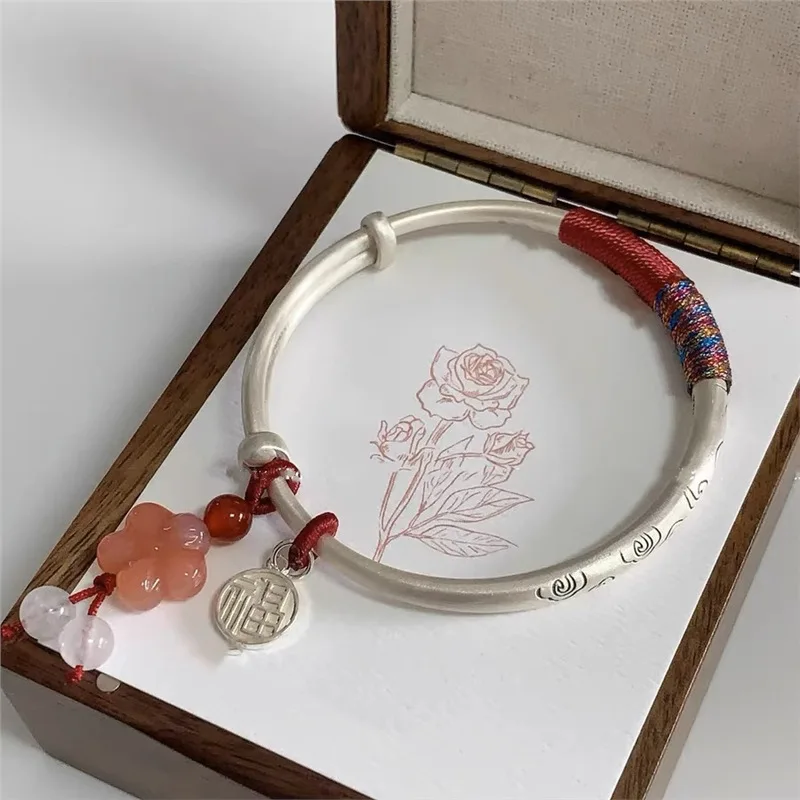 Bracelet Women, Cloud Pattern, Solid 999 Silver Bangle, Push-Pull Fashionable and Versatile