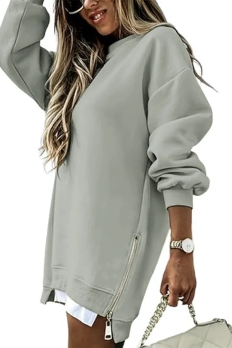 Women's  Spring Autumn Fashion Splicing Side Zipper Design Sweatshirt Round Neck Long Sleeved Mid Length Irregular  Tops