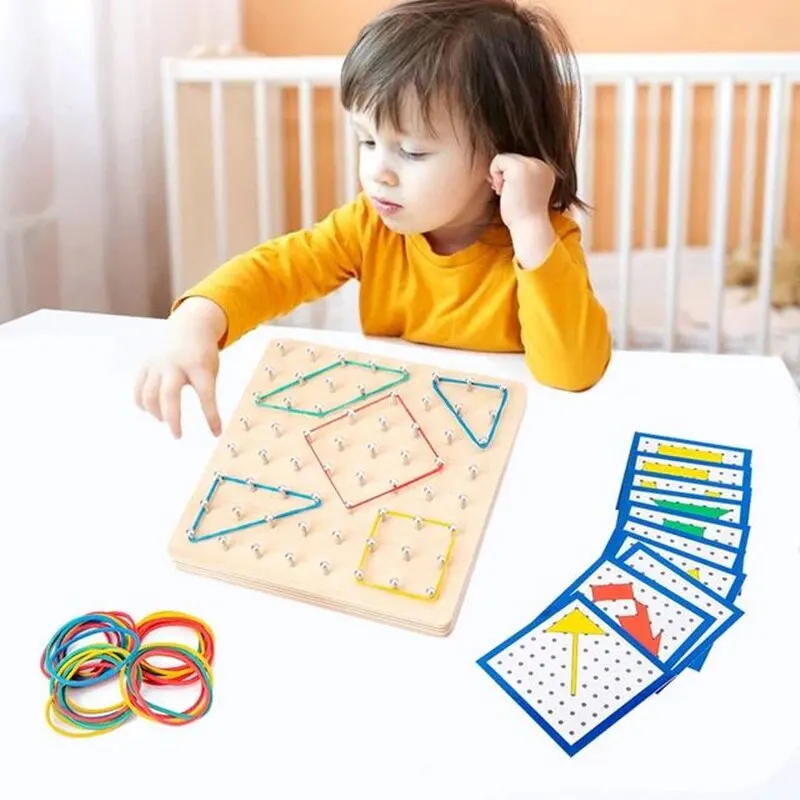 Montessori Educational Kids Baby Creative Toy Graphics Math Pattern Blocks Geo Board Rubber Bands Wooden Nail Boards Set