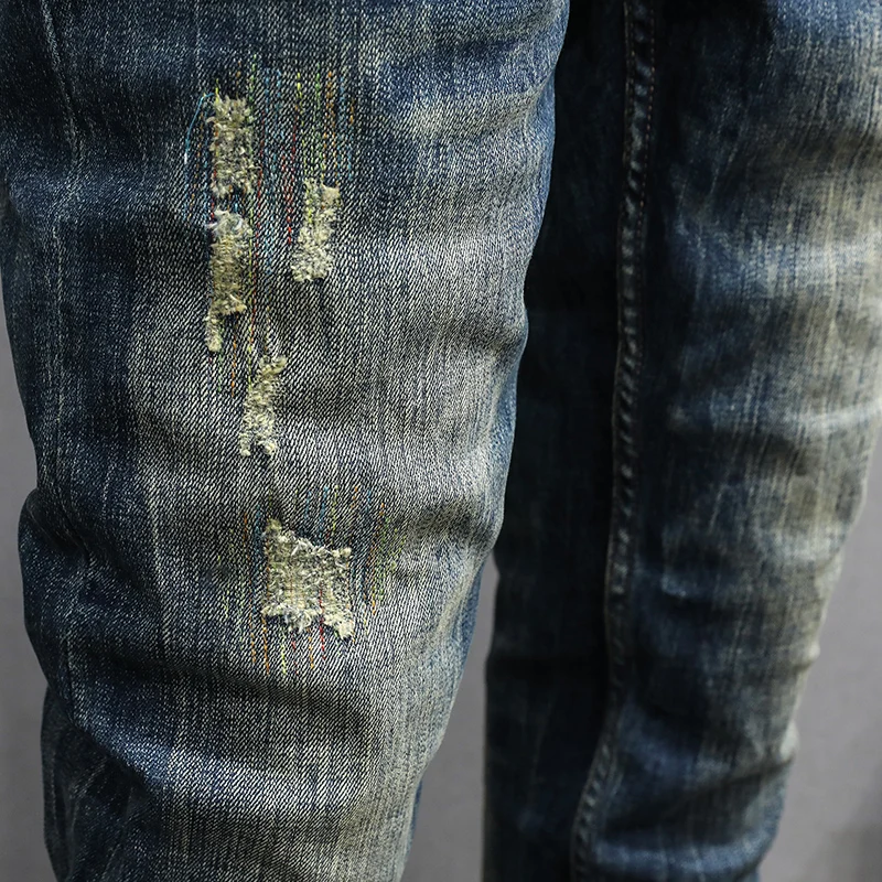 Fashion Designer Men Jeans High Quality Retro Washed Blue Stretch Slim Fit Ripped Jeans Men Patched Vintage Denim Pants Hombre