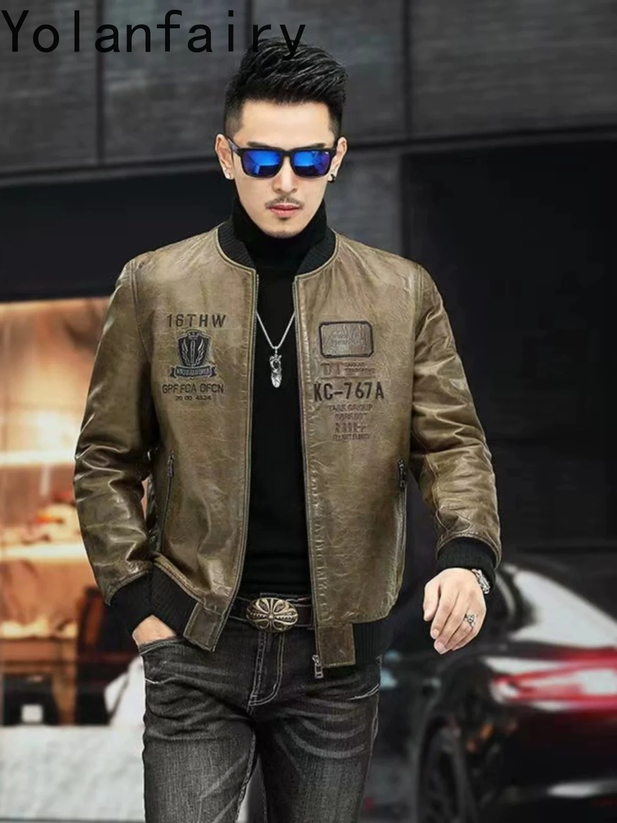 YOLANFAIRY Real Sheepskin Men Leather Jacket Autumn Winter Short Motorcycle Genuine Leather Jackets Man Embroidered Thin Coat
