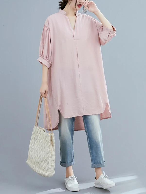 

Artistic Loose Fit Midi Shirt Pure Color Large Size Women's Summer Fashionable Casual Shirt V Neck Lantern Sleeve Regular Weight