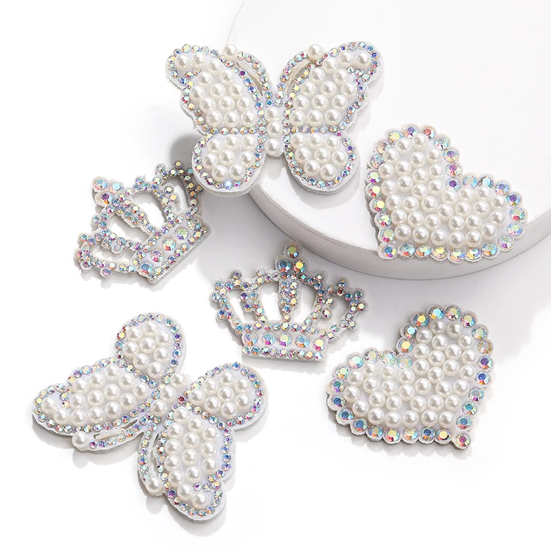 

Hot fix Non-Woven Pearl Handmade Patch with Ctystal AB Rhinestones Butterfly Heart Crown Shape Accessories For Clothing DIY