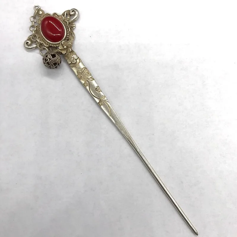 Red Jade Inlaid Old Tibetan Silver Hairpin,Chinese Old Craft Made