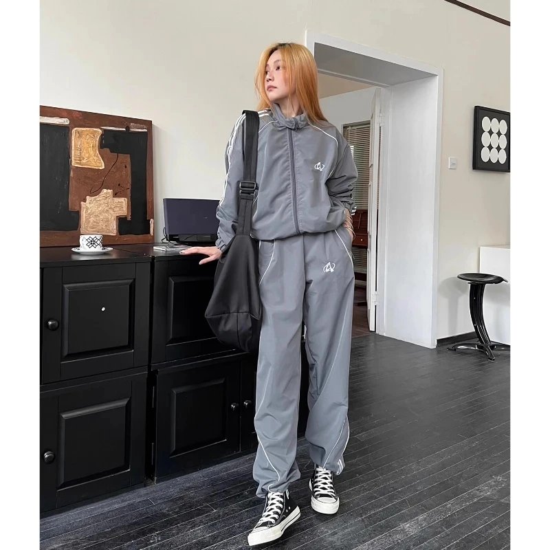 Spring Sports Two-piece Set Women High Street Grey Sport Track Jacket +Loose Sweatpants Ladies Outdoor Joggers Tracksuit Female