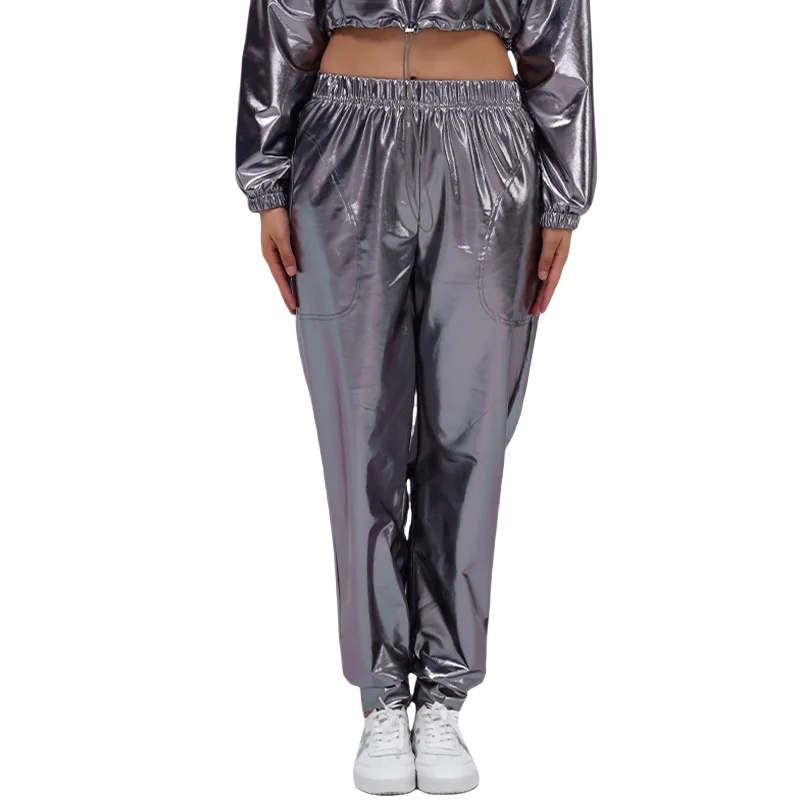 Women Holographic Hip Hop Faux Leather Metallic Loose Wide Leg Party Jazz Costume Cosplay Shiny Street Dance Pants For Adult