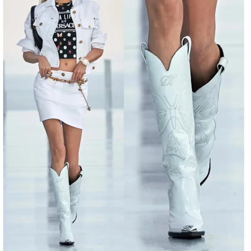 2026New Fashion Knee Length Women's Boots Butterfly Embroidery Thin High Heel Fashion Show Pointed Mid Sleeve Women's Boots