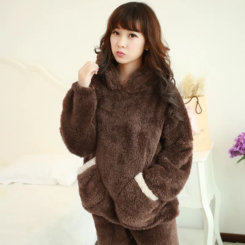 Thickened Warm Autumn Winter Women Cartoon Plush Hooded Bear Sleepwear Ladies Flannel Homewear Set Solid Nightwear Loungewear