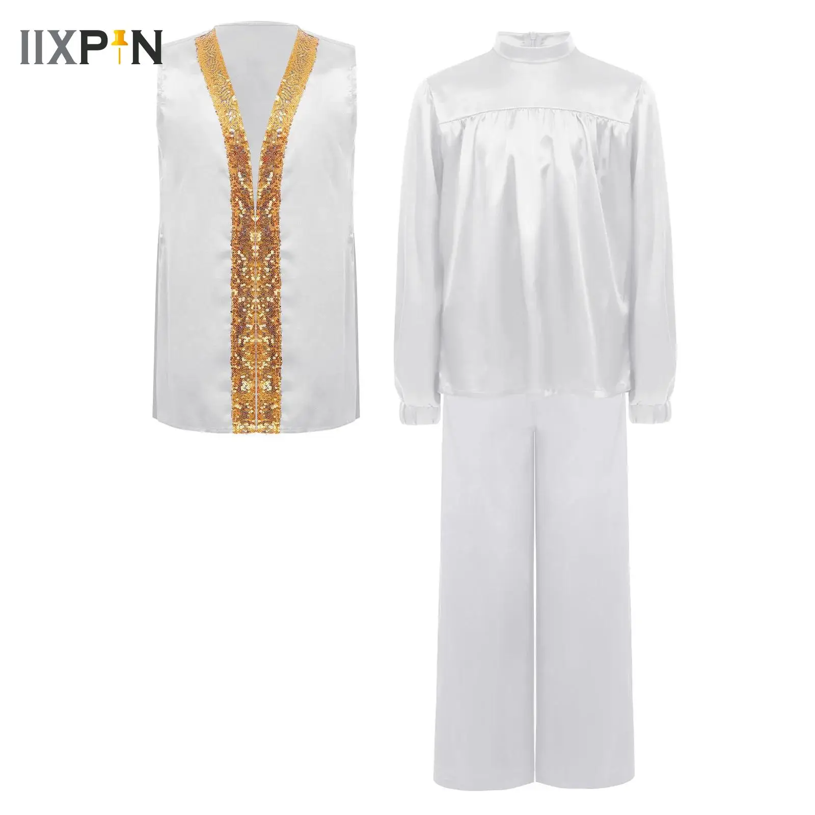 

Boys Girls Long Sleeve Choir Church Praise Robe with Satin Top and Wide-Leg Pants Graduation School Celebrations Ceremony Outfit